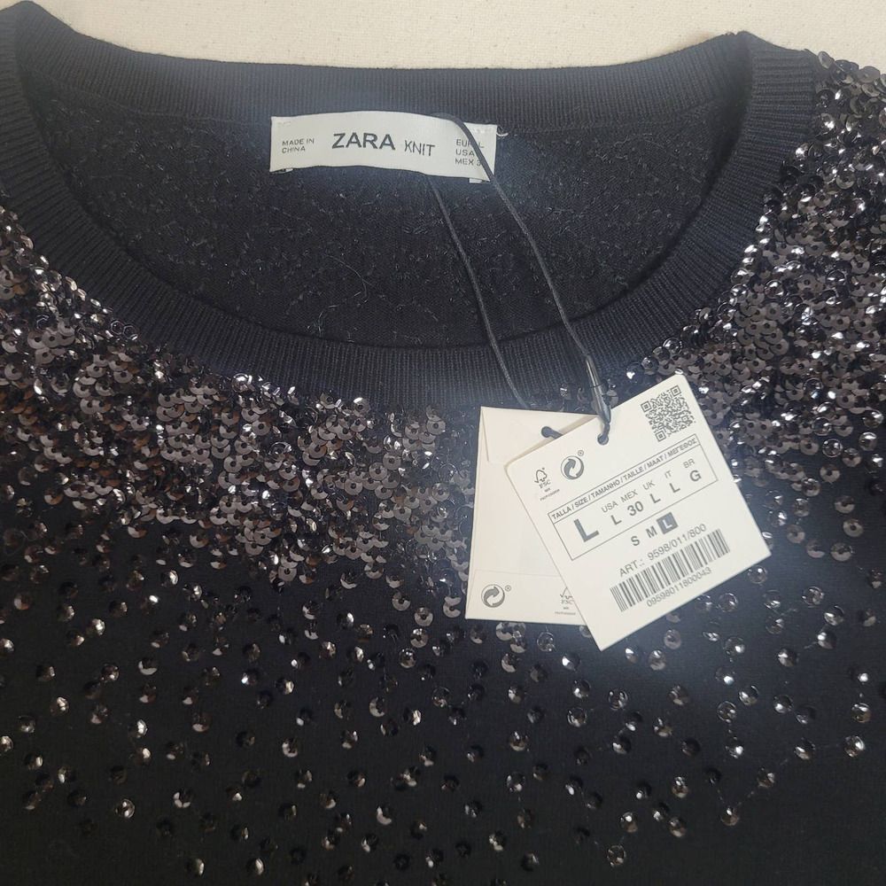 NWT Zara Knit Black Short Sleeve Sweater with Sequins Size Large - Picture 5 of 8